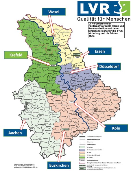 Landkarte mit farblich markierten Bereichen der zuständigen LVR-Schulen